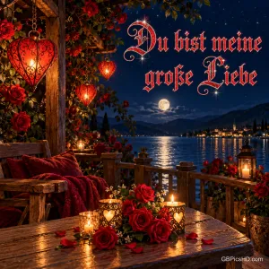 Rote Rosen, Kerzen und Herzlaternen schmücken eine Terrasse am See im Mondlicht mit "Du bist meine große Liebe".