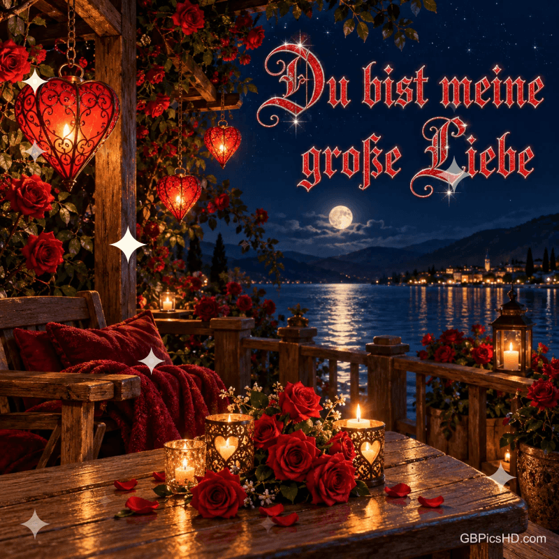 Rote Rosen, Kerzen und Herzlaternen schmücken eine Terrasse am See im Mondlicht mit "Du bist meine große Liebe". Rote Rosen, Kerzen und Herzlaternen schmücken eine Terrasse am See im Mondlicht mit "Du bist meine große Liebe".
