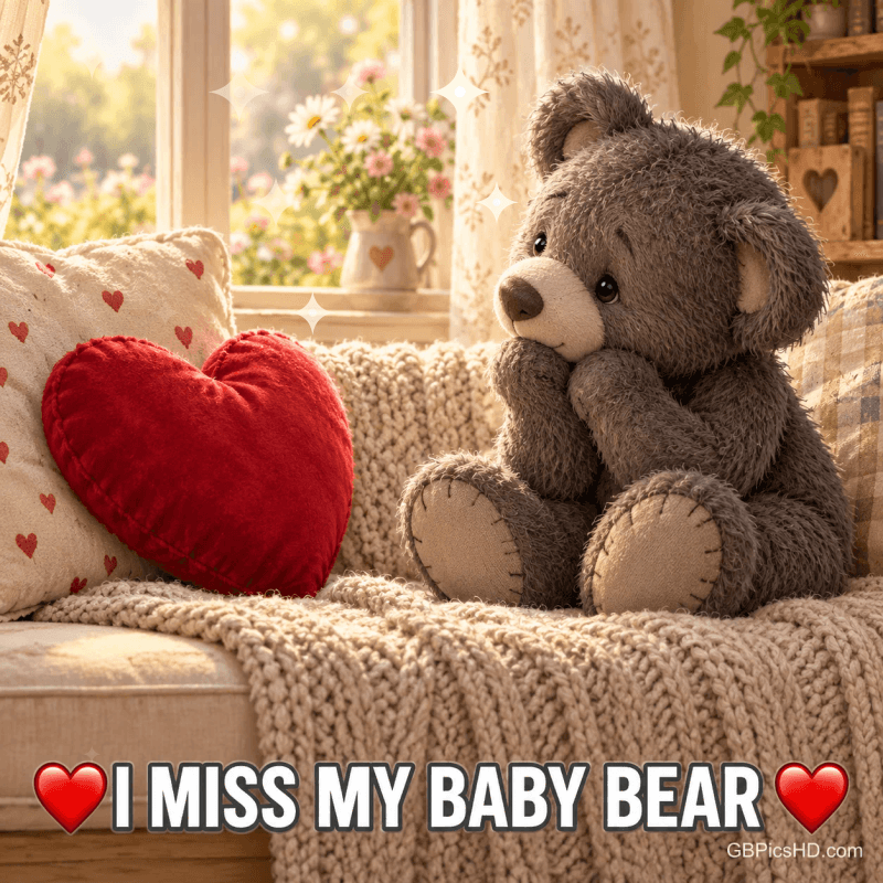 Ein grauer Teddybär sitzt neben einem roten Herzkissen auf einer Strickdecke über "❤️I MISS MY BABY BEAR❤️". Ein grauer Teddybär sitzt neben einem roten Herzkissen auf einer Strickdecke über "❤️I MISS MY BABY BEAR❤️".