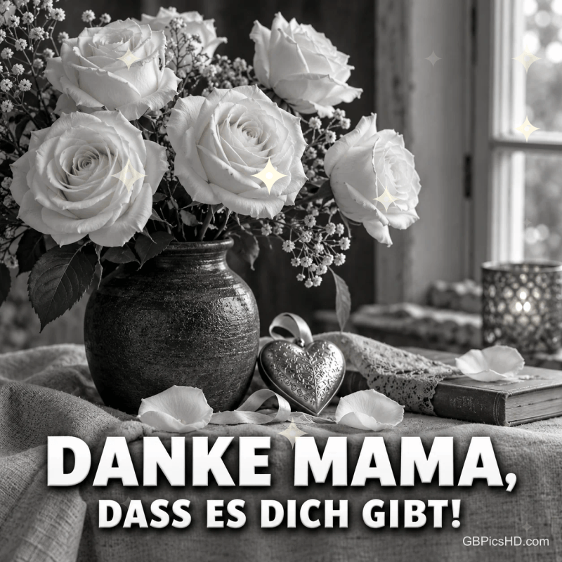Weiße Rosen in einer dunklen Vase, ein Schmuckherz und ein Buch begleiten "Danke Mama, dass es dich gibt!" in Schwarz-Weiß. Weiße Rosen in einer dunklen Vase, ein Schmuckherz und ein Buch begleiten "Danke Mama, dass es dich gibt!" in Schwarz-Weiß.