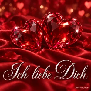 Zwei facettierte rote Kristallherzen liegen auf rotem Stoff über dem weißen Schriftzug "Ich liebe Dich".