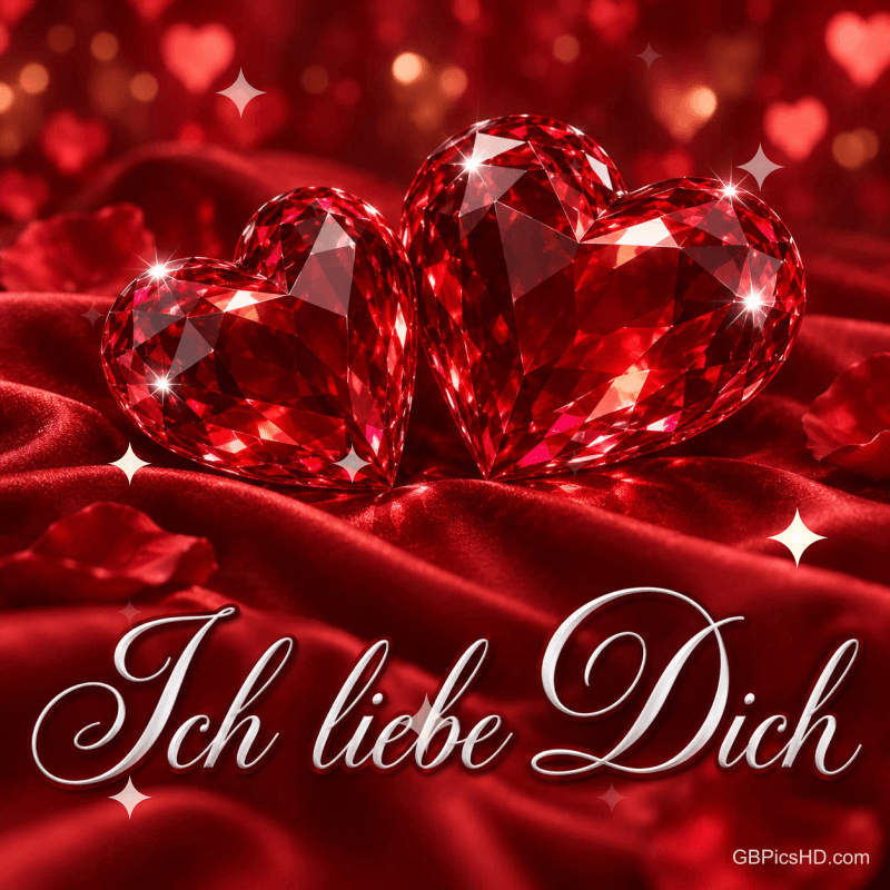 Zwei facettierte rote Kristallherzen liegen auf rotem Stoff über dem weißen Schriftzug "Ich liebe Dich". Zwei facettierte rote Kristallherzen liegen auf rotem Stoff über dem weißen Schriftzug "Ich liebe Dich".