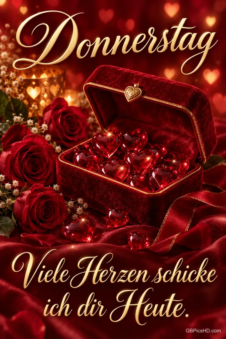 Rote Rosen stehen neben einer offenen Schatulle voller roter Glasherzen mit "Donnerstag Viele Herzen schicke ich dir heute.".