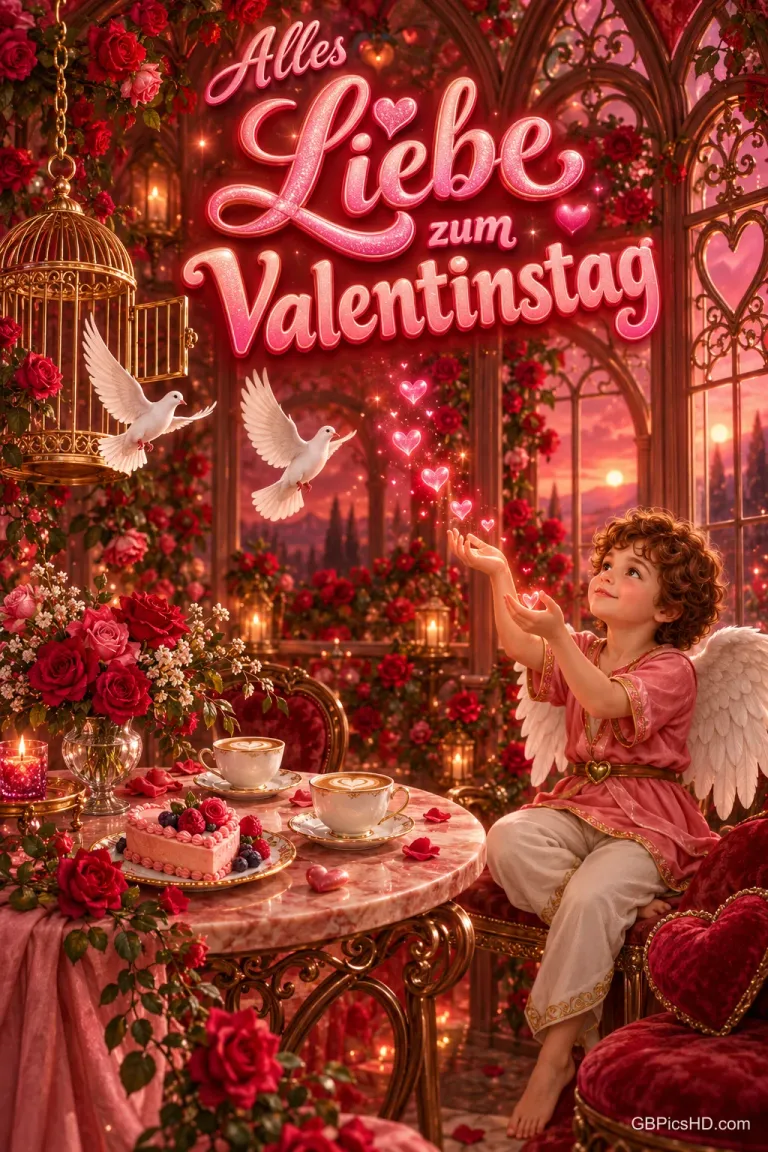 Ein Engel sitzt zwischen Rosen und Kerzen unter dem Gruß "Alles Liebe zum Valentinstag".
