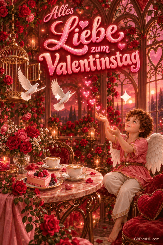 Ein Engel sitzt zwischen Rosen und Kerzen unter dem Gruß "Alles Liebe zum Valentinstag". Ein Engel sitzt zwischen Rosen und Kerzen unter dem Gruß "Alles Liebe zum Valentinstag".