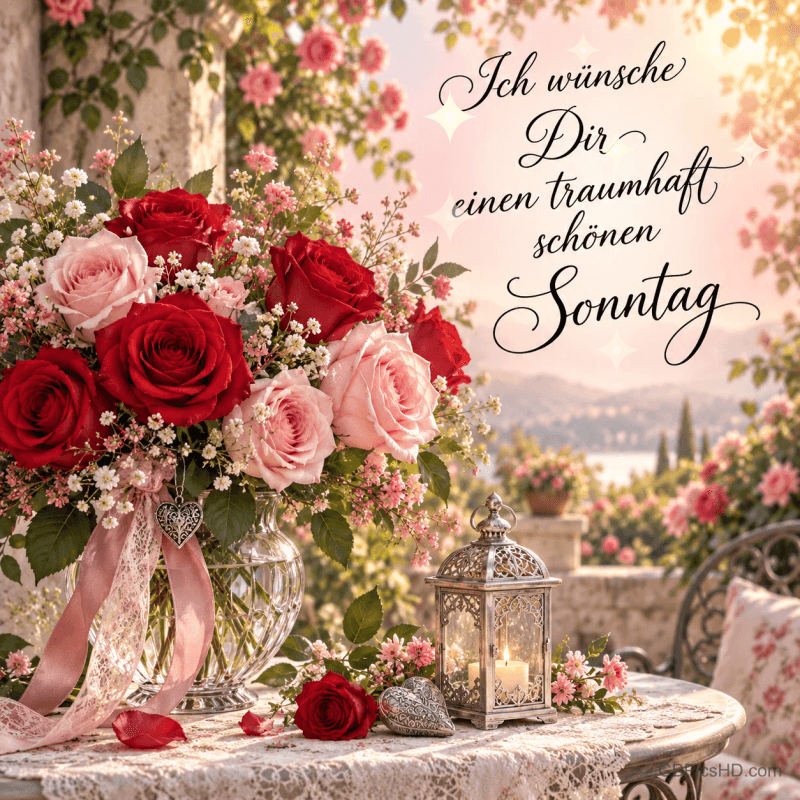 Rote und rosa Rosen stehen neben einer Laterne mit dem Gruß "Ich wünsche Dir einen traumhaft schönen Sonntag". Rote und rosa Rosen stehen neben einer Laterne mit dem Gruß "Ich wünsche Dir einen traumhaft schönen Sonntag".