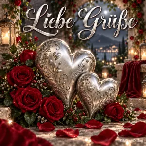 Zwei verzierte silberne Herzen stehen zwischen roten Rosen und Laternen unter dem Schriftzug "Liebe Grüße".