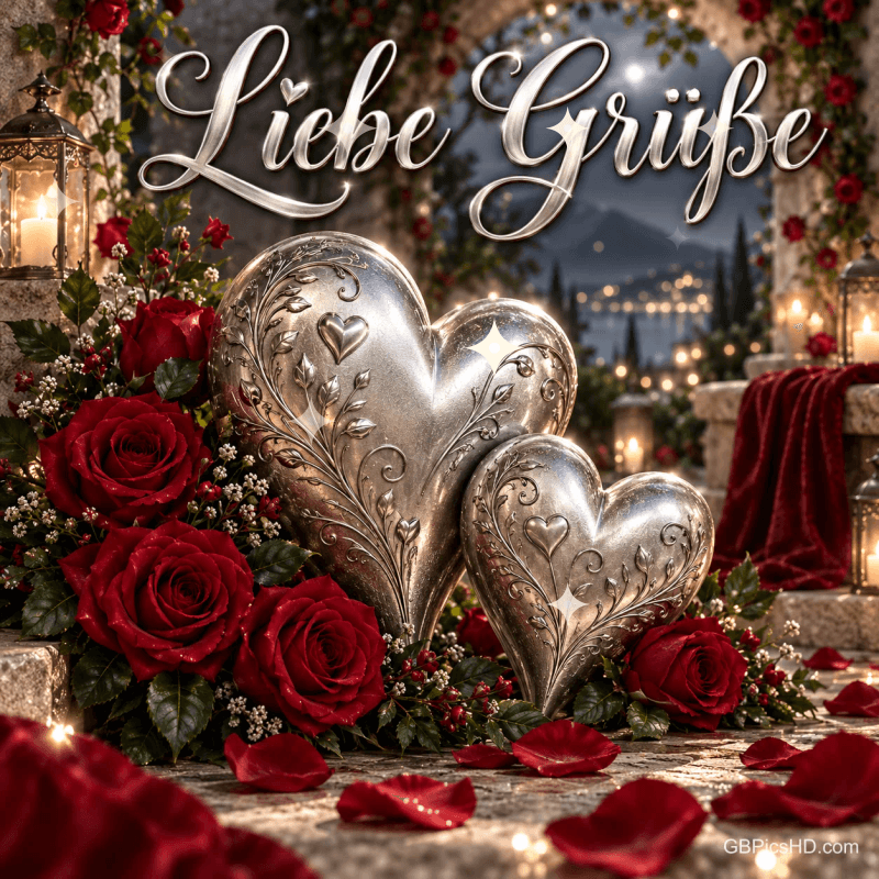 Zwei verzierte silberne Herzen stehen zwischen roten Rosen und Laternen unter dem Schriftzug "Liebe Grüße".