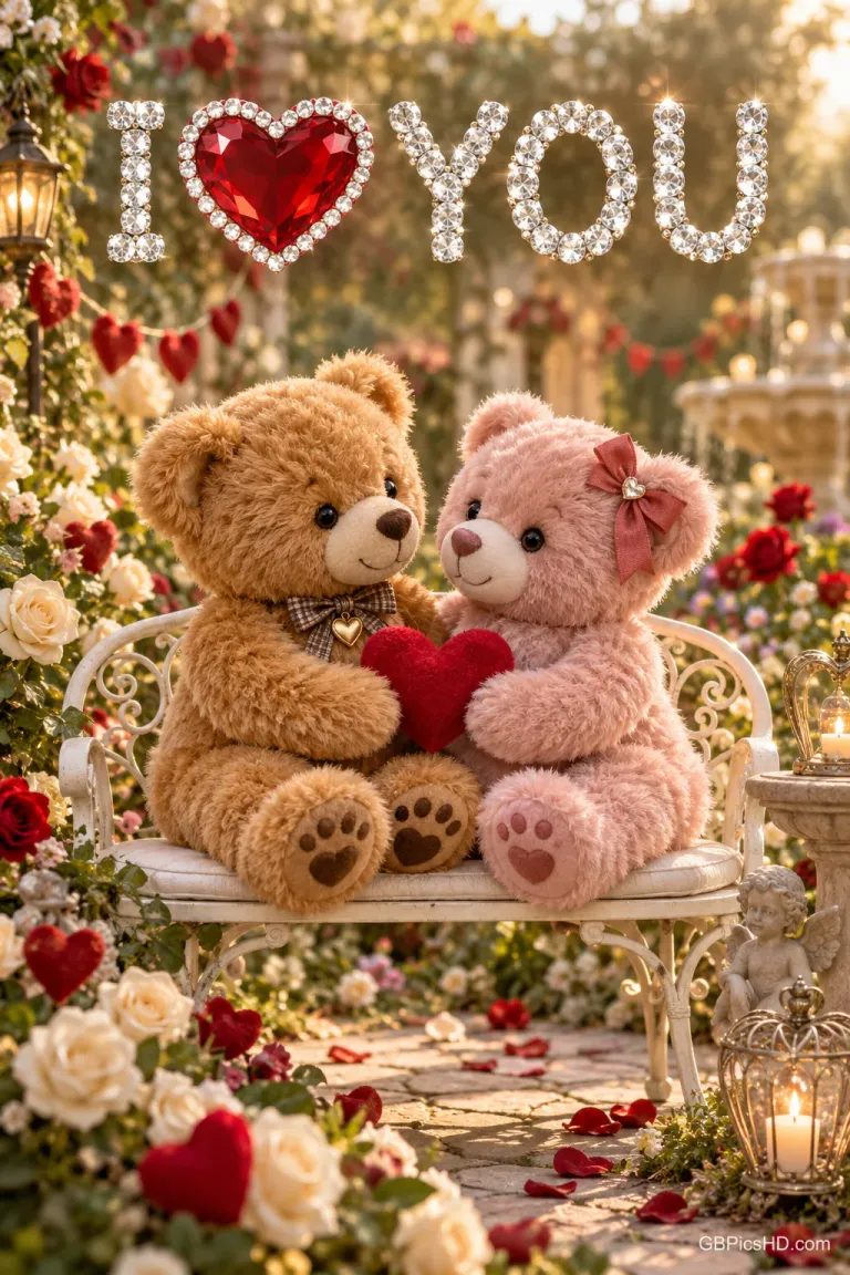 Zwei Teddybären halten ein rotes Herz auf einer Gartenbank unter der funkelnden Botschaft "I ❤️ YOU".