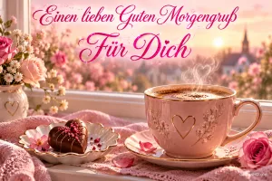 Eine rosa Kaffeetasse und ein Schokoladenherz stehen am Fenster unter "Einen lieben guten Morgengruß für dich".