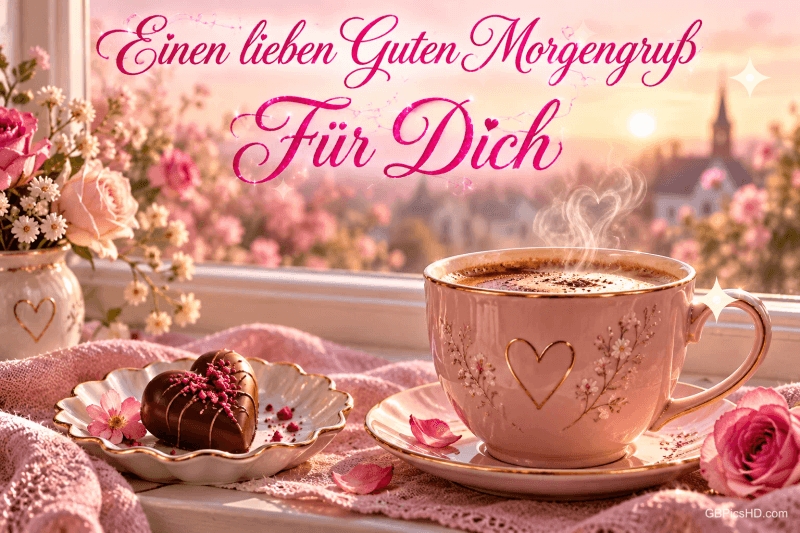 Eine rosa Kaffeetasse und ein Schokoladenherz stehen am Fenster unter "Einen lieben guten Morgengruß für dich".