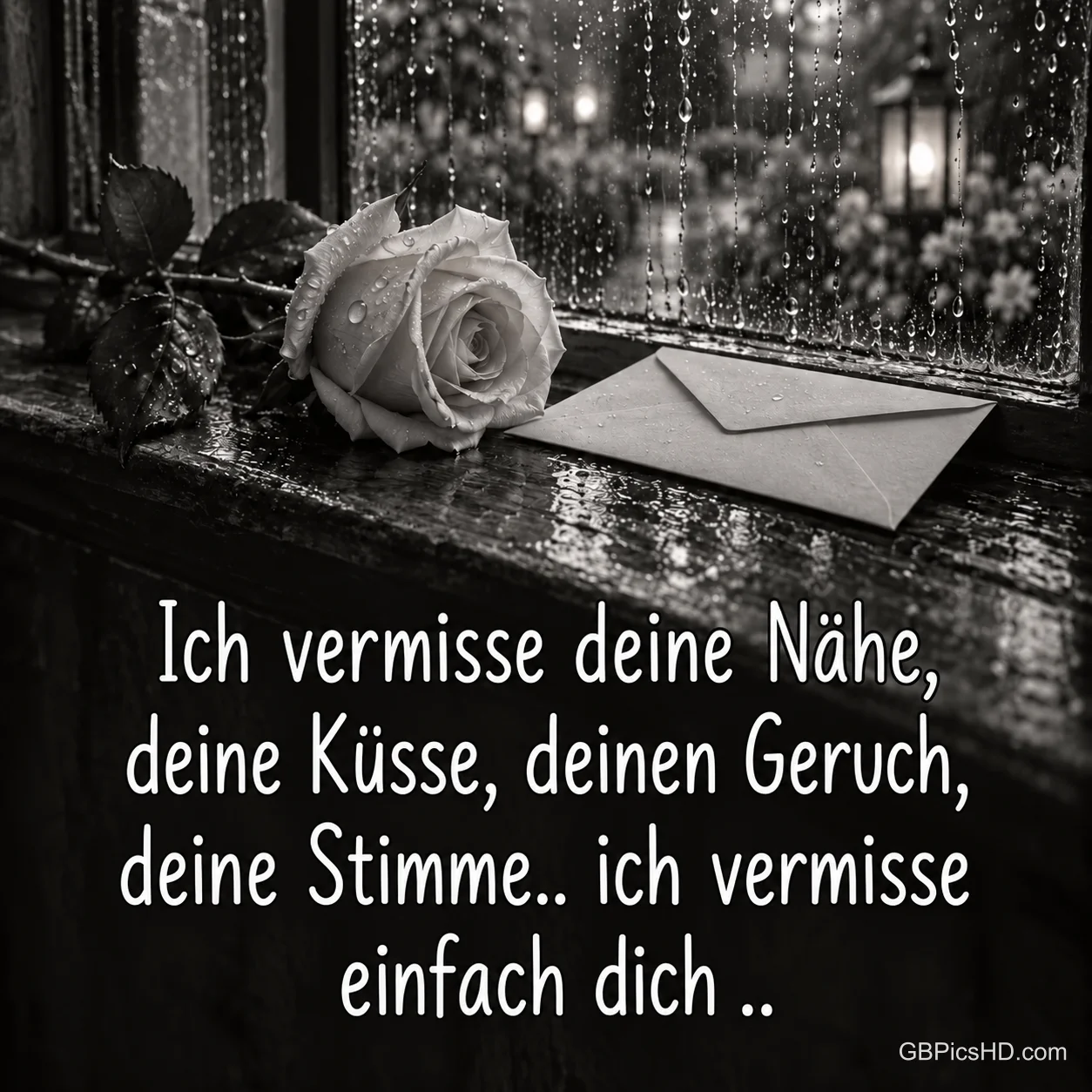 Eine weiße Rose und ein Briefumschlag liegen am regennassen Fenster in Schwarz-Weiß mit "Ich vermisse deine Nähe".