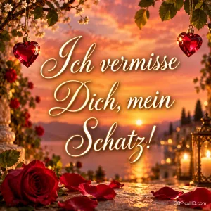 Rote Rosen und zwei hängende Glasherzen am See bei Sonnenuntergang mit "Ich vermisse Dich, mein Schatz!".