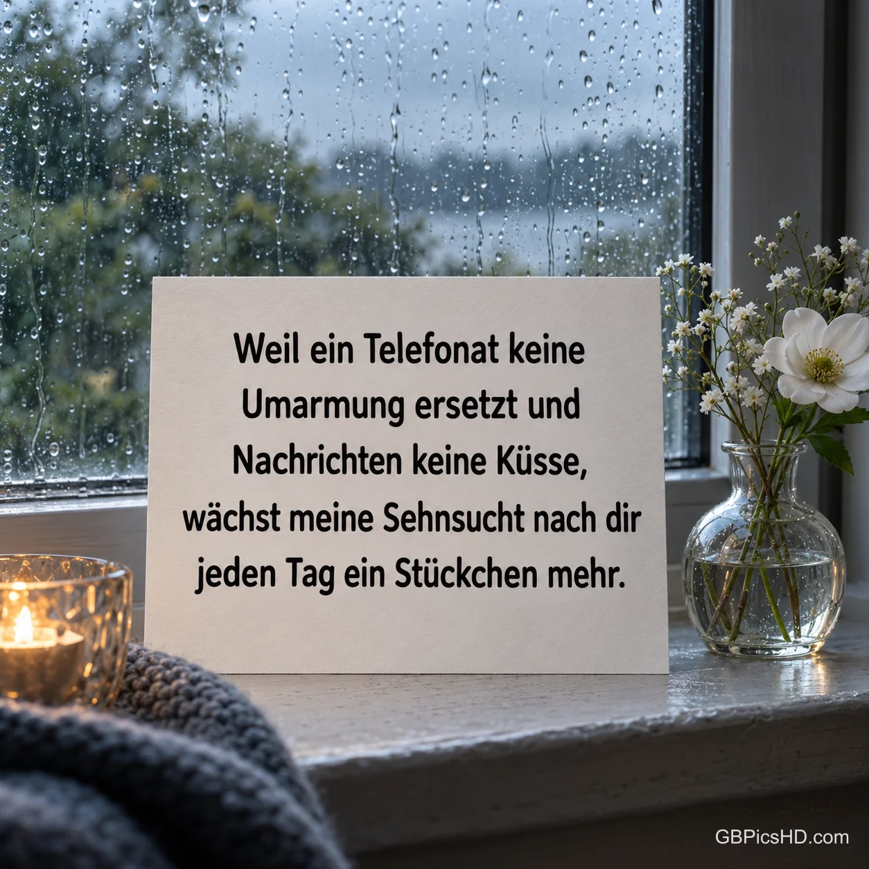 Die Karte sagt "Weil ein Telefonat keine Umarmung ersetzt und Nachrichten keine Küsse, wächst meine Sehnsucht nach dir jeden Tag ein Stückchen mehr.".