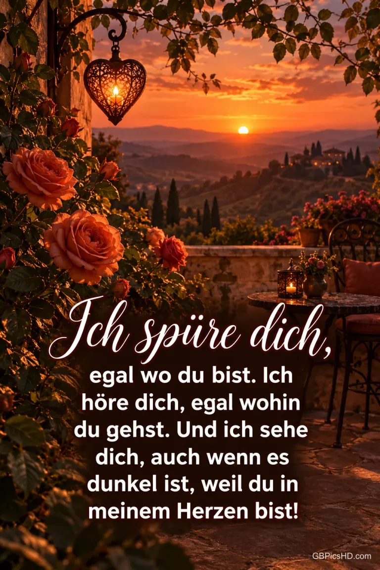 Rosen, eine leuchtende Herzlaterne und eine Terrasse im Abendrot mit "Ich spüre dich, egal wo du bist.".