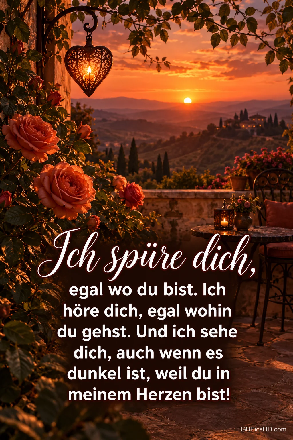 Rosen, eine leuchtende Herzlaterne und eine Terrasse im Abendrot mit "Ich spüre dich, egal wo du bist.".