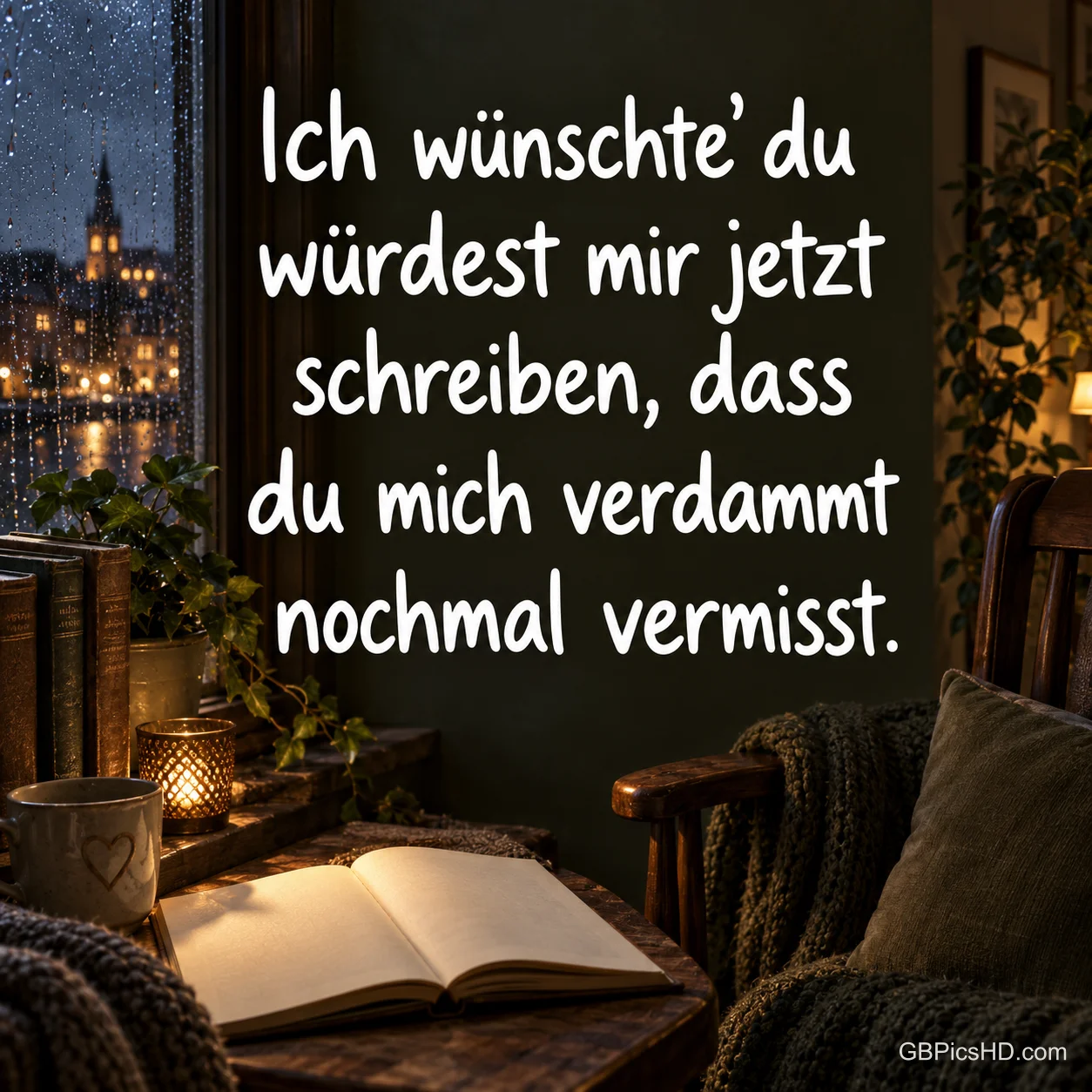 Buch, Tasse und Kerzenlicht am Regenfenster mit "Ich wünschte, du würdest mir jetzt schreiben, dass du mich verdammt nochmal vermisst.".