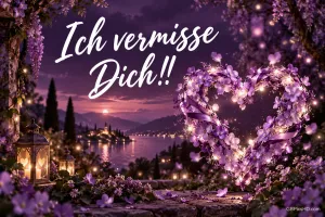 Ein leuchtendes Herz aus violetten Blüten und eine Laterne vor einem See in der Dämmerung mit "Ich vermisse Dich!!".