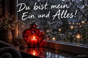 Eine Kerze brennt in einer roten Herzlaterne am regennassen Fenster mit "Du bist mein Ein und Alles!".
