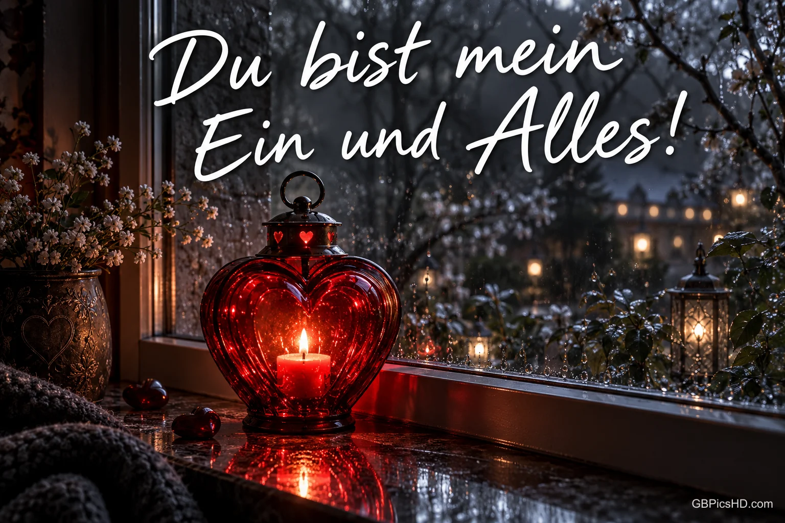 Eine Kerze brennt in einer roten Herzlaterne am regennassen Fenster mit "Du bist mein Ein und Alles!".