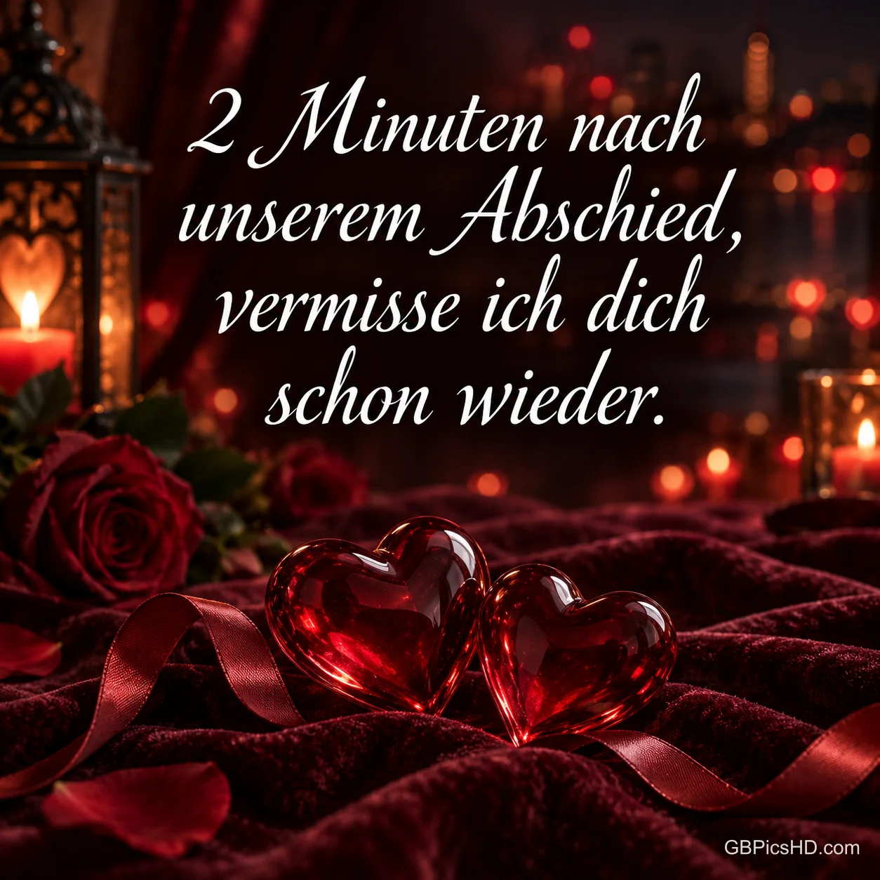 Zwei rote Glasherzen auf Samt neben Rosen und Kerzen mit "2 Minuten nach unserem Abschied, vermisse ich dich schon wieder.".