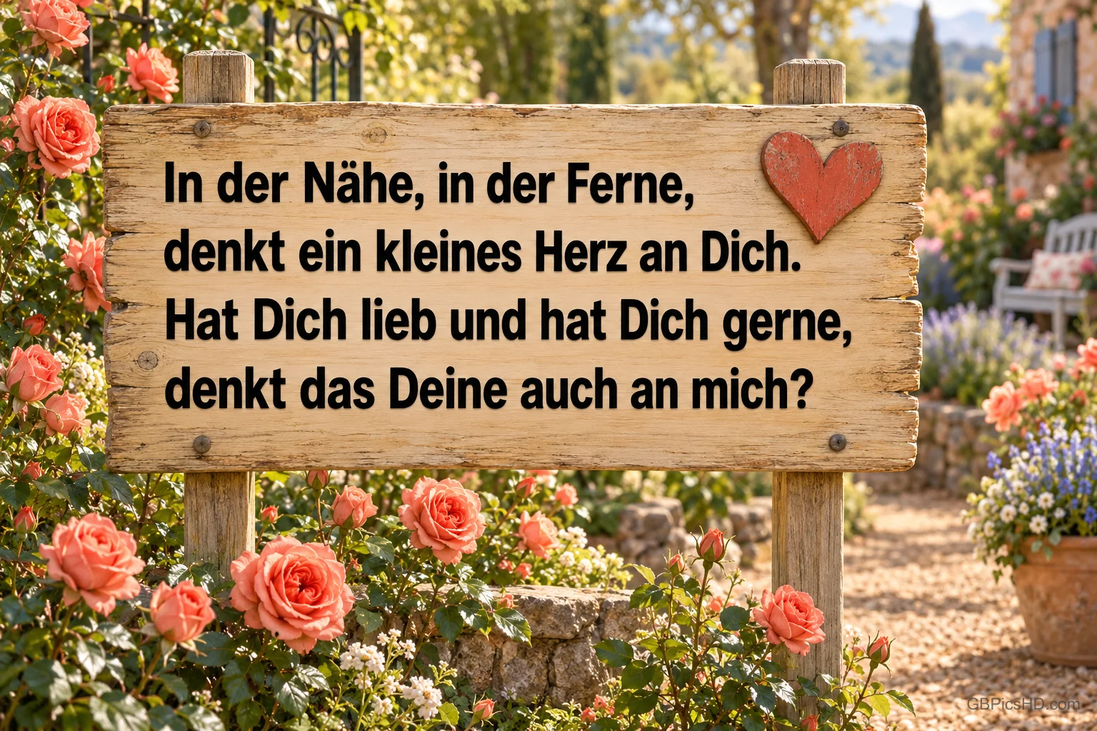 Holzschild mit rotem Herz und "In der Nähe, in der Ferne" zwischen rosa Rosen an einem sonnigen Gartenweg.