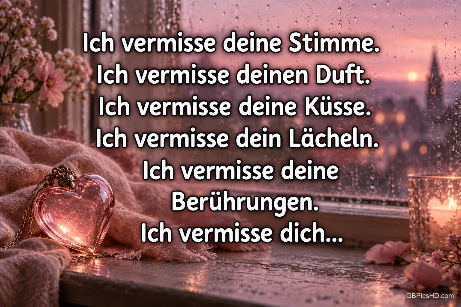 "Ich vermisse dich..." steht am regennassen Fenster über einem gläsernen Herz, einer rosa Decke und Kerzenlicht.