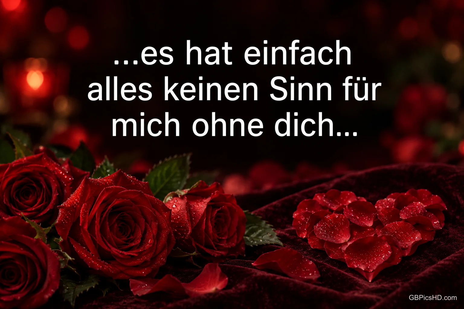Rote Rosen und ein Herz aus Rosenblättern auf dunklem Stoff mit "...es hat einfach alles keinen Sinn für mich ohne dich...".