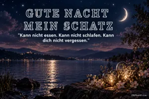 Mond über dem See und Herzlaternen mit "Gute Nacht mein Schatz" und "Kann nicht essen. Kann nicht schlafen. Kann dich nicht vergessen.".