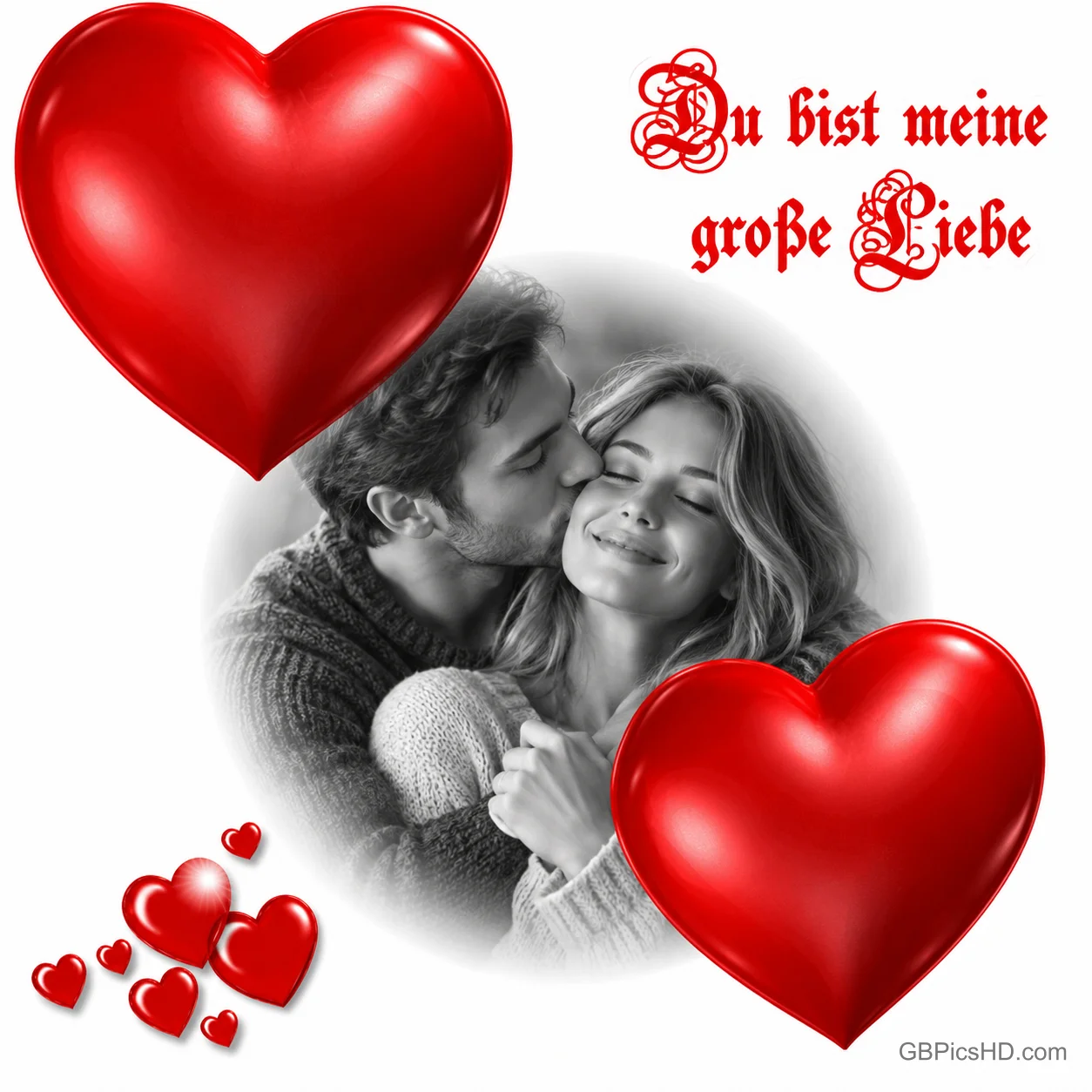 Ein Mann küsst eine lächelnde Frau auf die Wange, umgeben von roten Herzen und "Du bist meine große Liebe". Ein Mann küsst eine lächelnde Frau auf die Wange, umgeben von roten Herzen und "Du bist meine große Liebe".