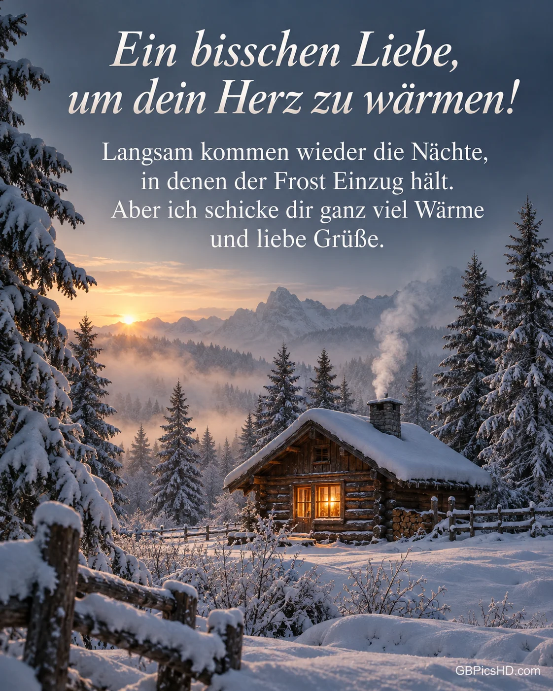 Eine kleine Blockhütte mit warm erleuchtetem Fenster und rauchendem Kamin steht im nebligen, frostigen Kiefernwald, dazu "Ein bisschen Liebe, um dein Herz zu wärmen!". Eine kleine Blockhütte mit warm erleuchtetem Fenster und rauchendem Kamin steht im nebligen, frostigen Kiefernwald, dazu "Ein bisschen Liebe, um dein Herz zu wärmen!".