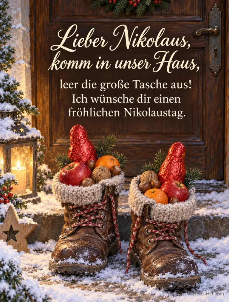 Zwei Kinderstiefel voller Schokoladen-Nikoläuse, Äpfel, Mandarinen und Nüsse stehen vor der Haustür im Schnee, dazu "Lieber Nikolaus, komm in unser Haus".