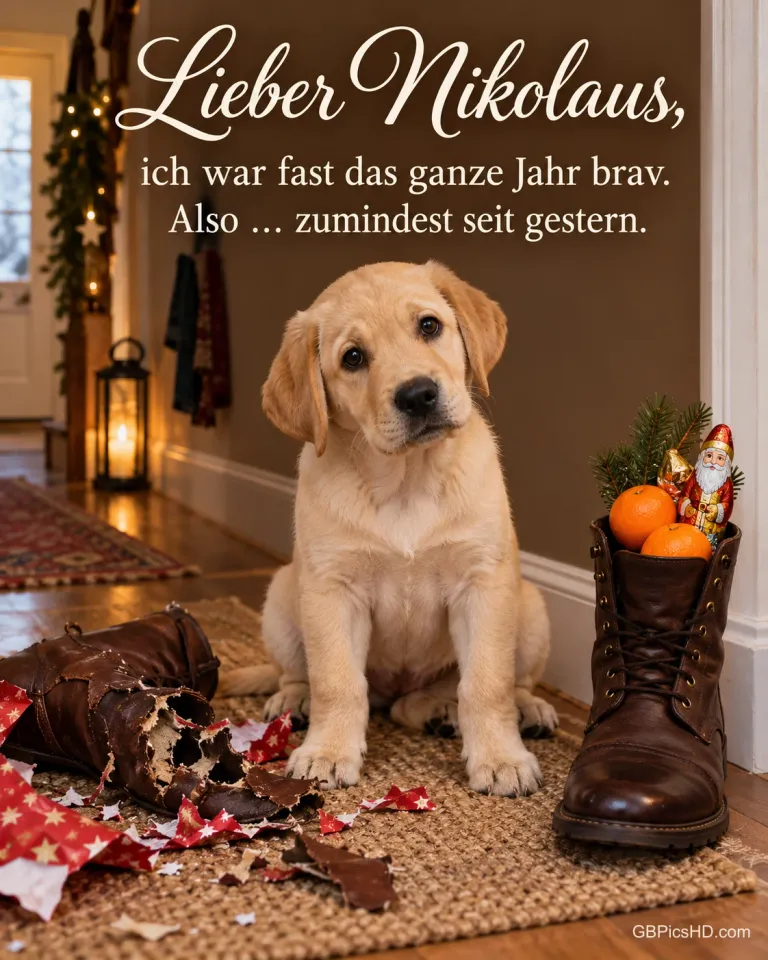 Ein Labradorwelpe sitzt mit Unschuldsmiene neben einem angeknabberten Stiefel, daneben ein geputzter Stiefel mit Mandarinen, dazu "Lieber Nikolaus".
