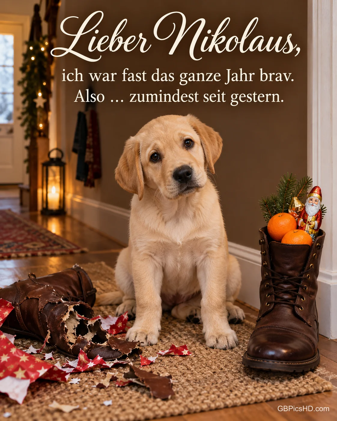 Ein Labradorwelpe sitzt mit Unschuldsmiene neben einem angeknabberten Stiefel, daneben ein geputzter Stiefel mit Mandarinen, dazu "Lieber Nikolaus".