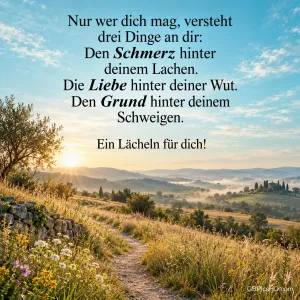 Ein Pfad zwischen Wiesenblumen und einer Steinmauer führt durch eine hügelige Landschaft im Morgenlicht mit "Ein Lächeln für dich!".