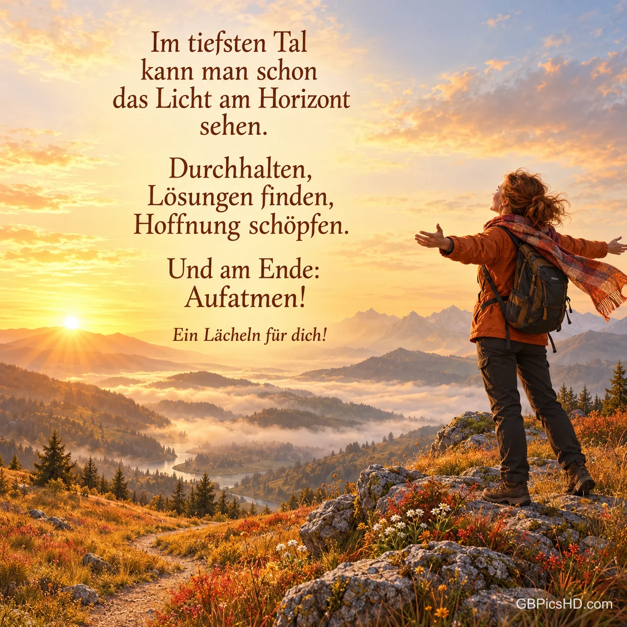 Eine Person mit Rucksack steht mit ausgebreiteten Armen auf einem Felsen über nebligen Bergtälern mit "Ein Lächeln für dich!".