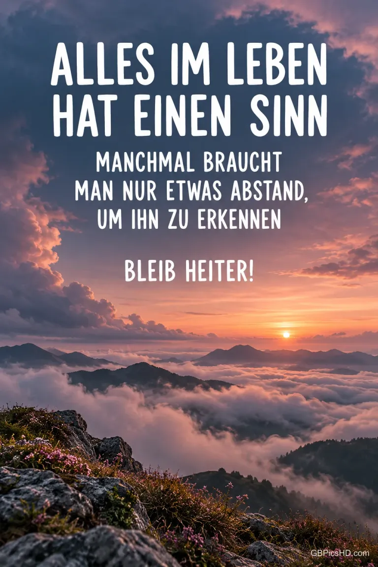 Die Sonne steht über wolkenverhangenen Berggipfeln unter einem rosa-blauen Himmel, dazu der Gruß "BLEIB HEITER!".