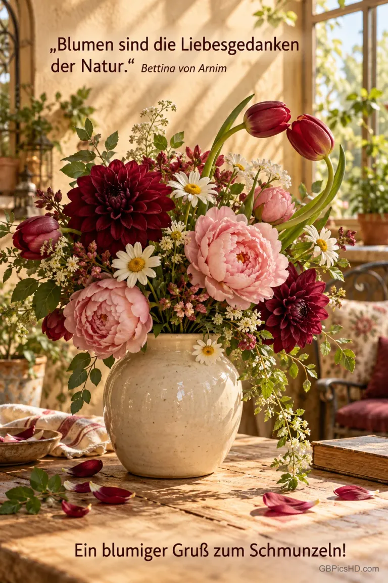 Rosa Pfingstrosen, rote Tulpen, dunkle Dahlien und weiße Blüten in einer hellen Vase mit "Ein blumiger Gruß zum Schmunzeln!".