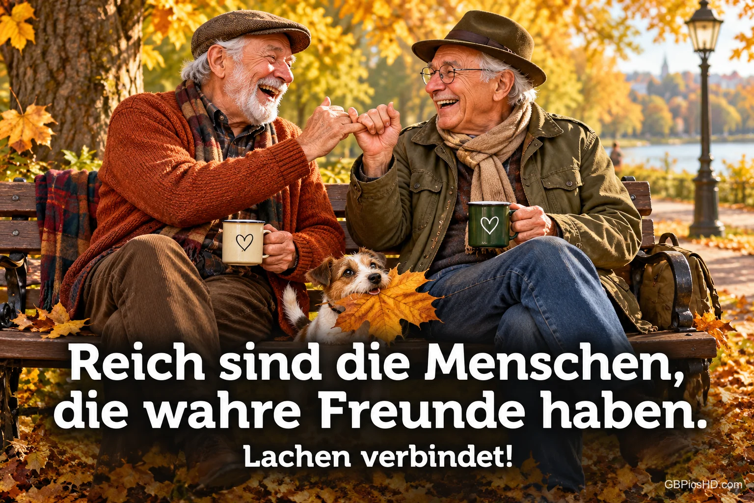 Zwei ältere Männer lachen auf einer Herbstbank neben einem Hund: "Reich sind die Menschen, die wahre Freunde haben."