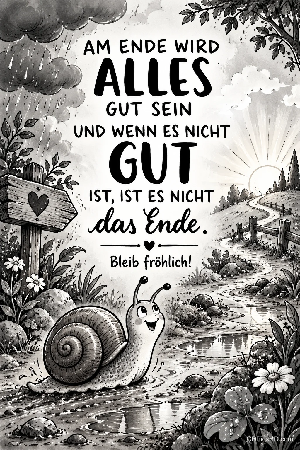 Eine lächelnde Schnecke sitzt auf einem regennassen Weg mit Pfützen: "Am Ende wird alles gut sein".