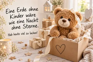 Ein Teddybär mit Schleife sitzt in einer Geschenkbox: "Eine Erde ohne Kinder wäre wie eine Nacht ohne Sterne."