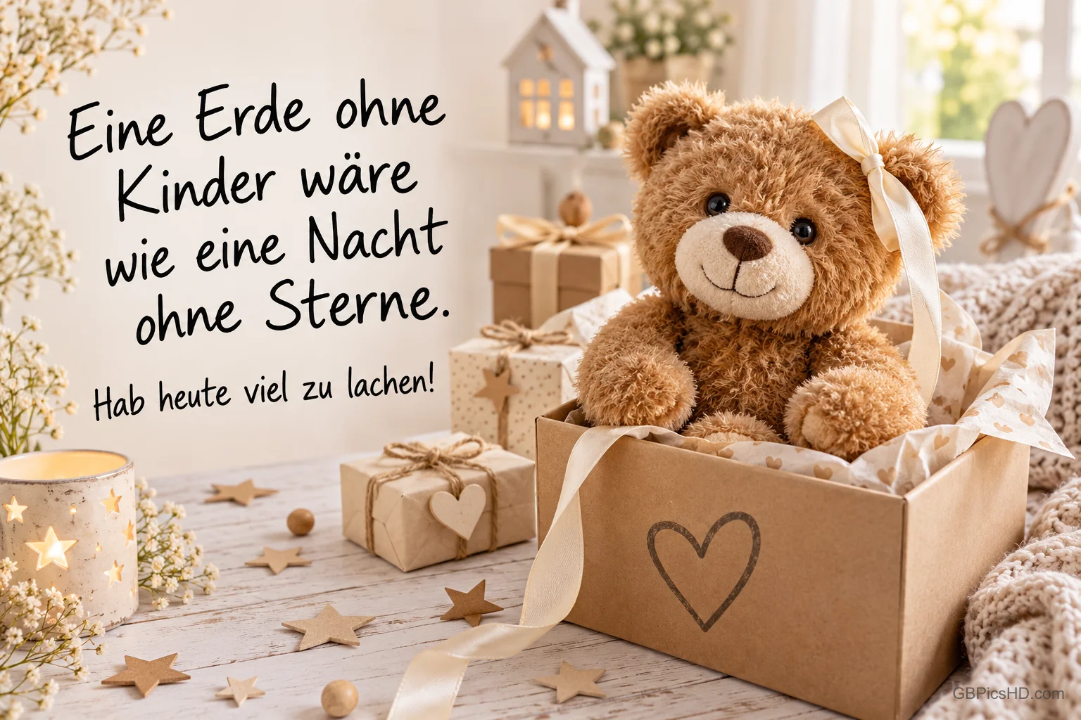 Ein Teddybär mit Schleife sitzt in einer Geschenkbox: "Eine Erde ohne Kinder wäre wie eine Nacht ohne Sterne."