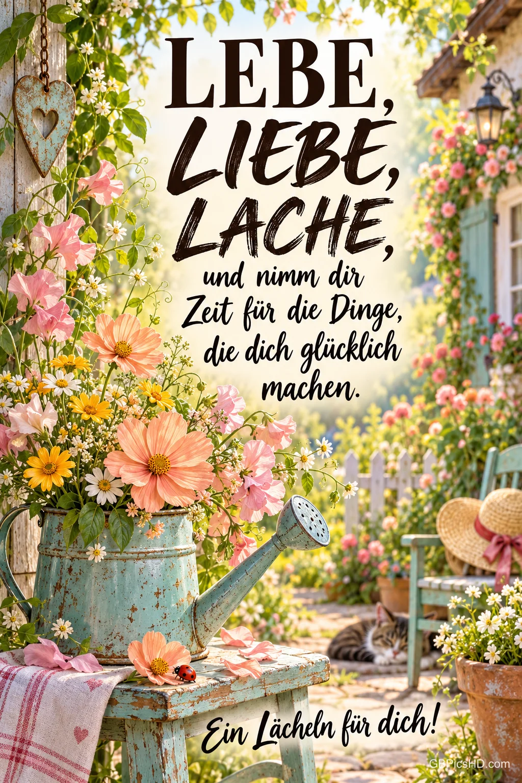 Eine türkisfarbene Gießkanne voller Blumen steht im Garten auf einem Holzhocker: "Lebe, liebe, lache". Eine türkisfarbene Gießkanne voller Blumen steht im Garten auf einem Holzhocker: "Lebe, liebe, lache".