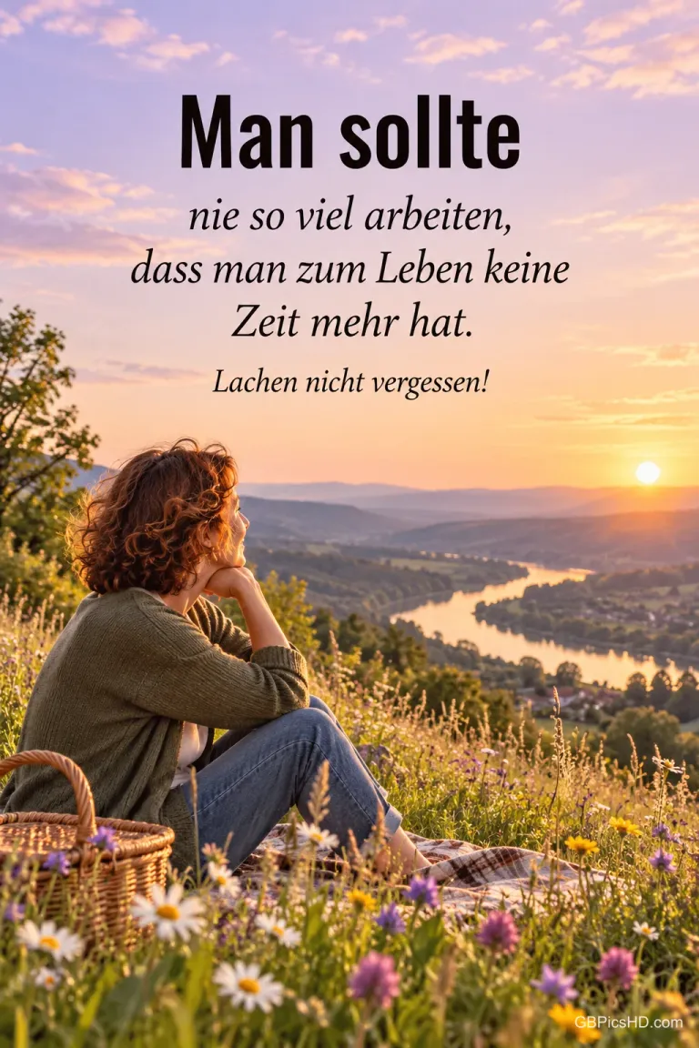Eine Frau sitzt auf einer Blumenwiese und blickt zum Sonnenuntergang: "Lachen nicht vergessen!"