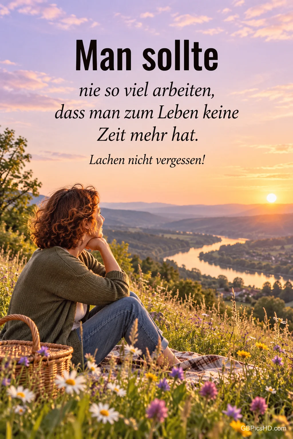 Eine Frau sitzt auf einer Blumenwiese und blickt zum Sonnenuntergang: "Lachen nicht vergessen!"