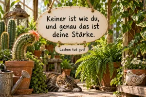 Eine Katze schläft zwischen Topfpflanzen unter einem Schild: "Keiner ist wie du, und genau das ist deine Stärke."