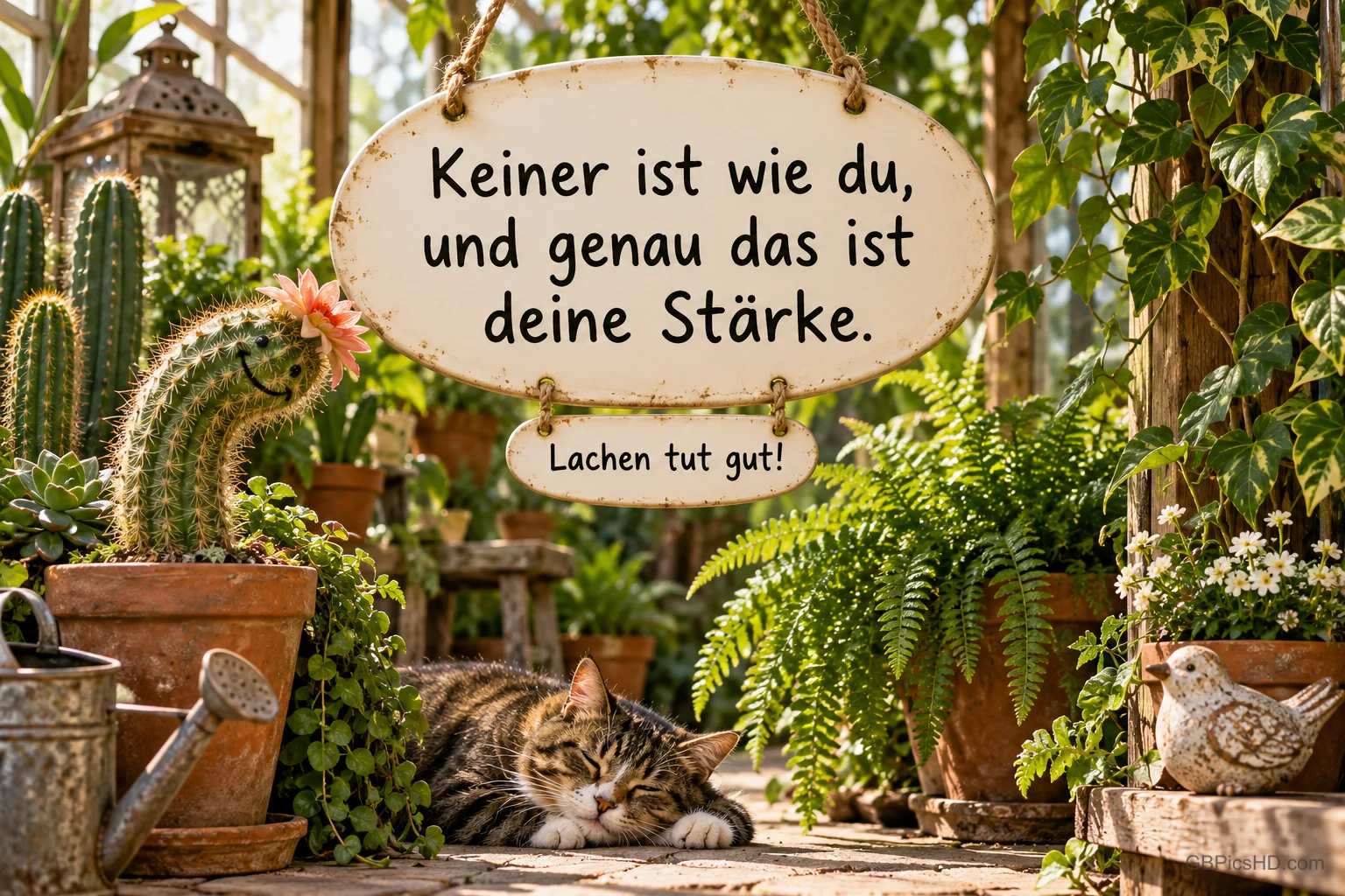Eine Katze schläft zwischen Topfpflanzen unter einem Schild: "Keiner ist wie du, und genau das ist deine Stärke."