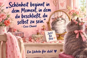 Eine Katze mit Blütenkranz und rosa Schleife betrachtet sich im Spiegel: "Ein Lächeln für dich!"
