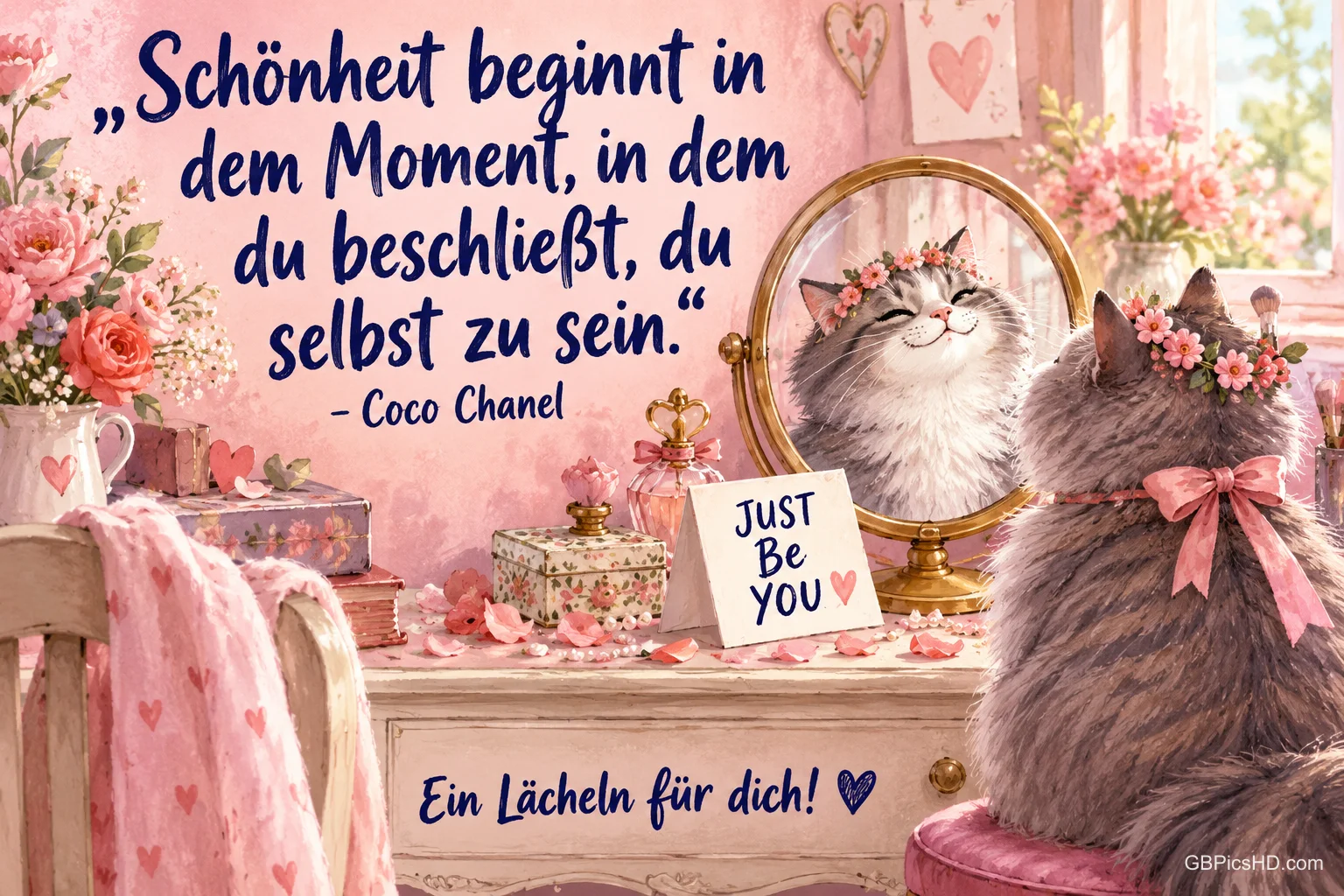 Eine Katze mit Blütenkranz und rosa Schleife betrachtet sich im Spiegel: "Ein Lächeln für dich!"