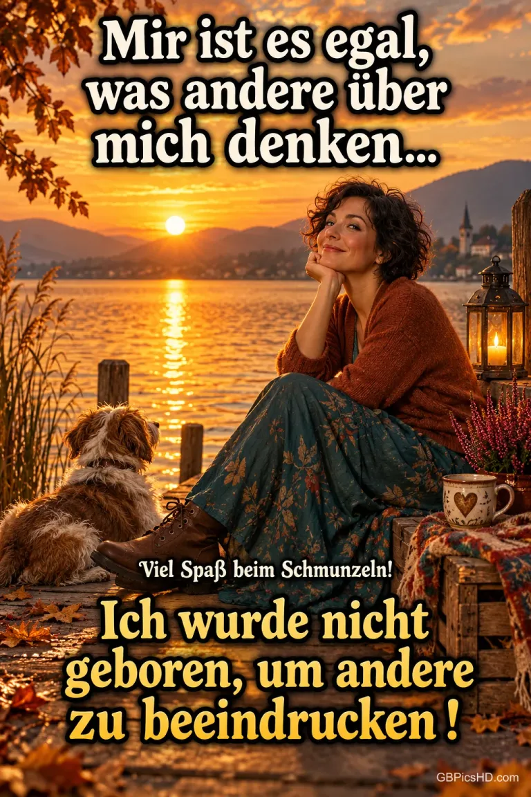 Eine Frau sitzt mit ihrem Hund am See im Sonnenuntergang: "Ich wurde nicht geboren, um andere zu beeindrucken!"